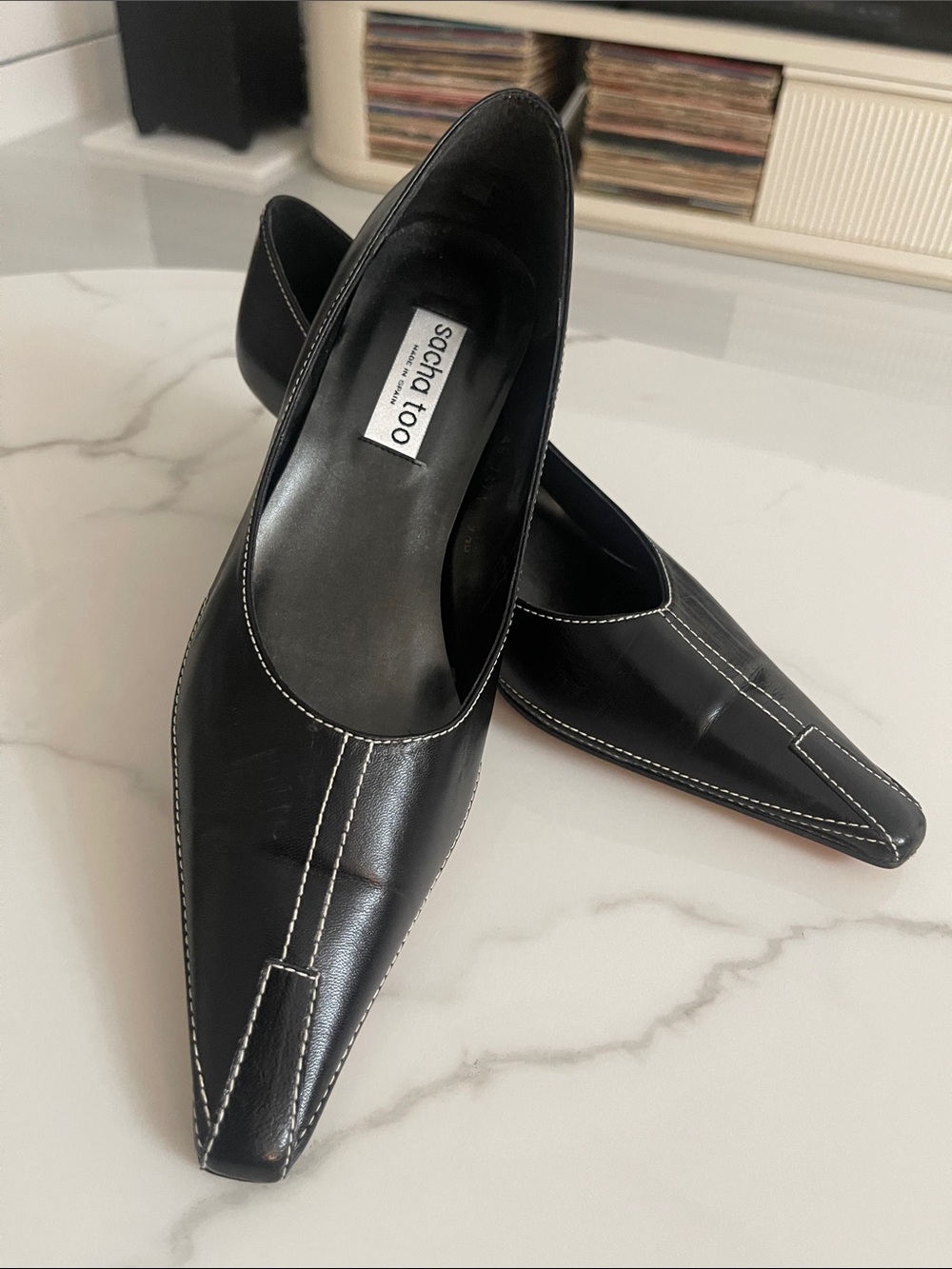 Sacha Too Black Pointed Leather Flats with Contrast Stitching